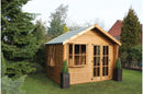 A wooden summerhouse with a sloped roof, georgian bay window, and side windows, set outdoors.