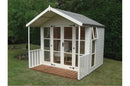 A traditional wooden summerhouse with full-height double doors and windows, set on a grassy area.