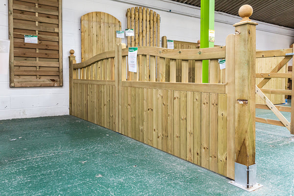 wooden gate displayed in a showroom