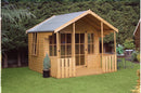 A wooden summerhouse with a 4ft veranda, featuring 6 pane georgian double doors, two 4 pane georgian fixed windows to the front, and two 4 pane top hung georgian opening windows to the sides, set in a garden environment.