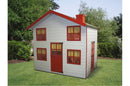 Children's wooden playhouse with red roof, Georgian windows, and a front door, set in a garden.
