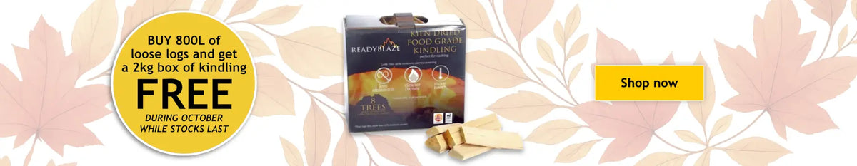 Promotional banner for kindling with a box of kindling and loose logs, featuring a 'Shop now' button.