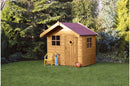A wooden playhouse with a red roof, featuring two acrylic georgian windows, a diamond single door, and an optional veranda, set on a grassy outdoor area.