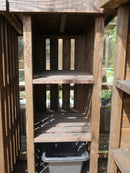 A dark brown, single economy recycling bin store with three shelves, constructed of wood, designed for storing recycling bins.