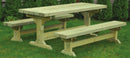 A wooden farm table and bench set designed in a classic Farmhouse style, made from sustainably sourced Swedish Redwood.